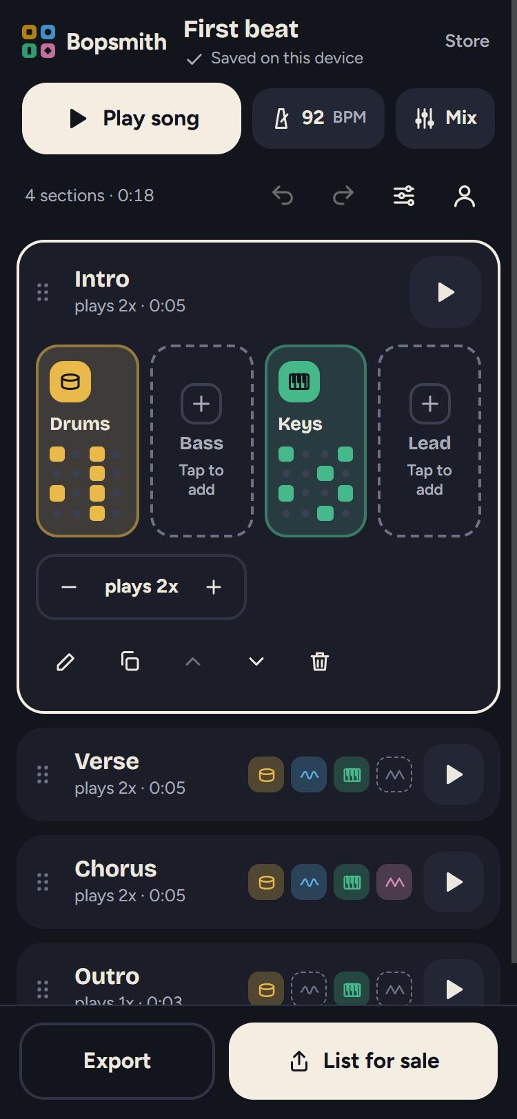 The song screen after the pass, on a 375-pixel phone: wordmark and transport at the top, the open section as a card of four instrument cells, Export and List for sale fixed at the bottom.