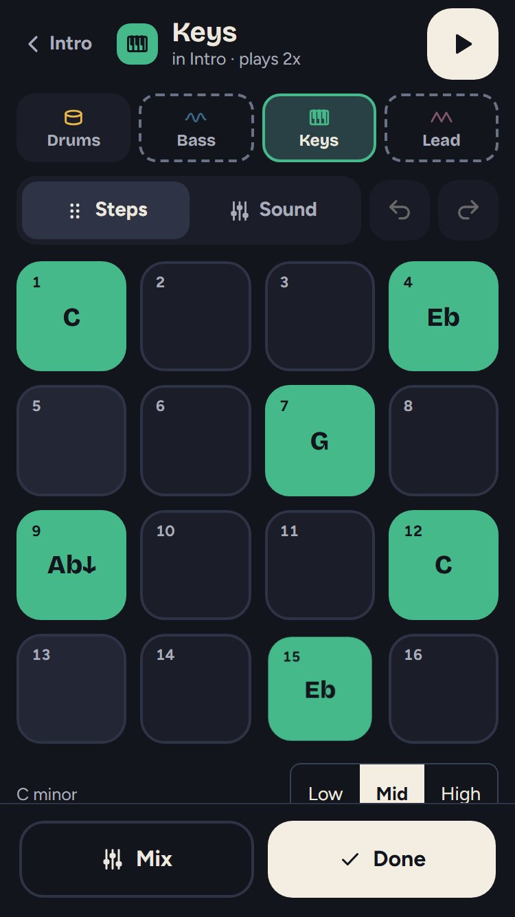 A Keys pattern on a phone with a lit pad held and about to be dragged; the pad sinks slightly while the hold runs.
