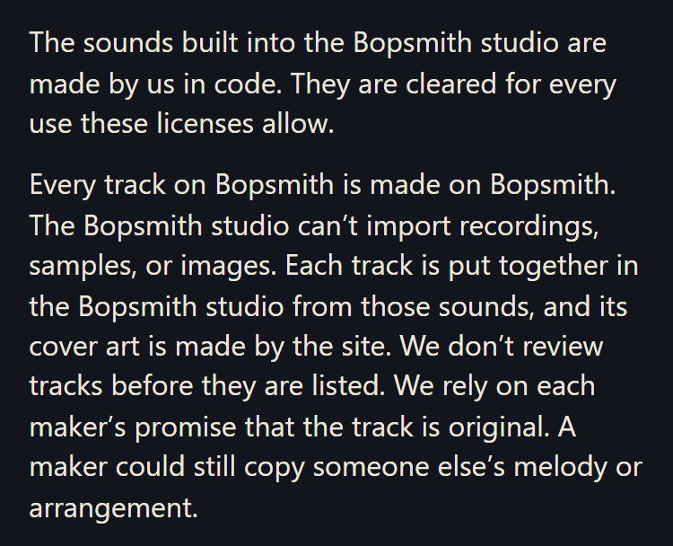 The licensing page after the redline: every track is made on Bopsmith, and the site relies on each maker’s promise of originality.