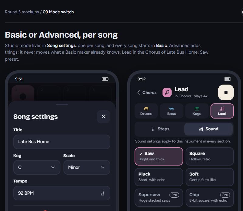 Round three, screen nine: the mode switch in Song settings, and the Advanced Sound tab for a lead instrument.
