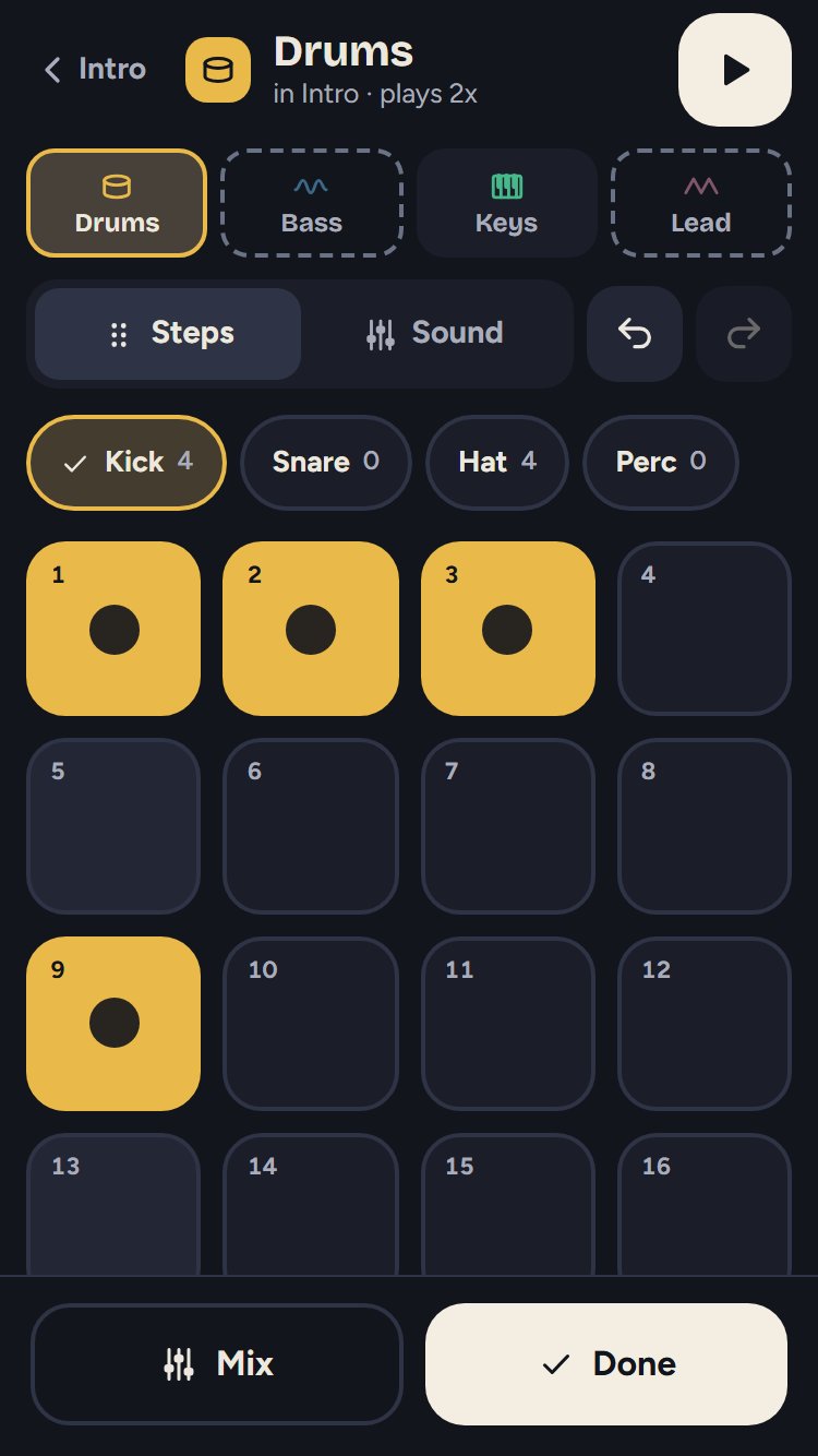 A drum pattern on a phone mid-stroke: three kick hits lit by one drag across empty pads.