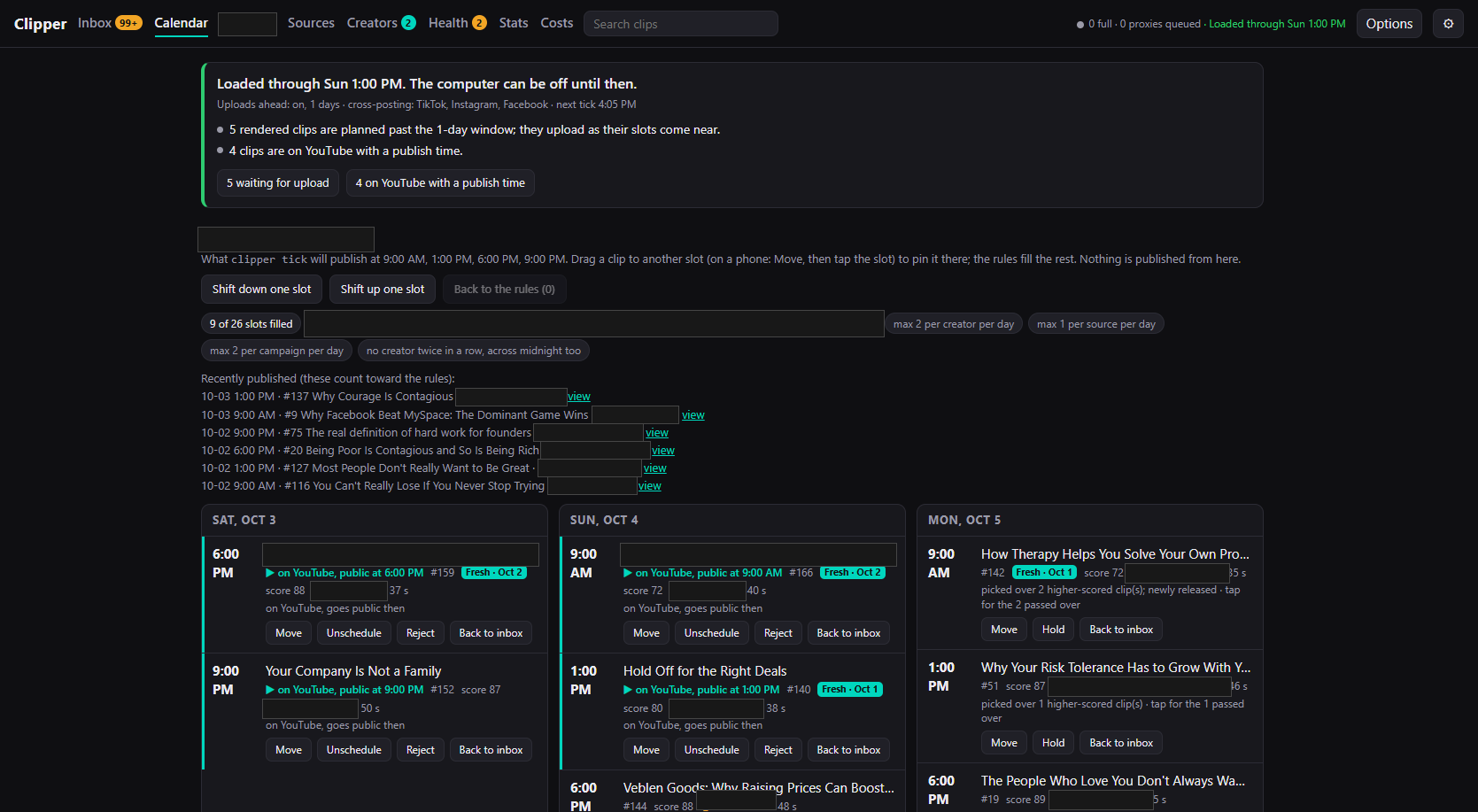 The publish calendar: a status card, the per-creator rules, recent publishes, and three days of slots. Creator handles and channel name blanked.