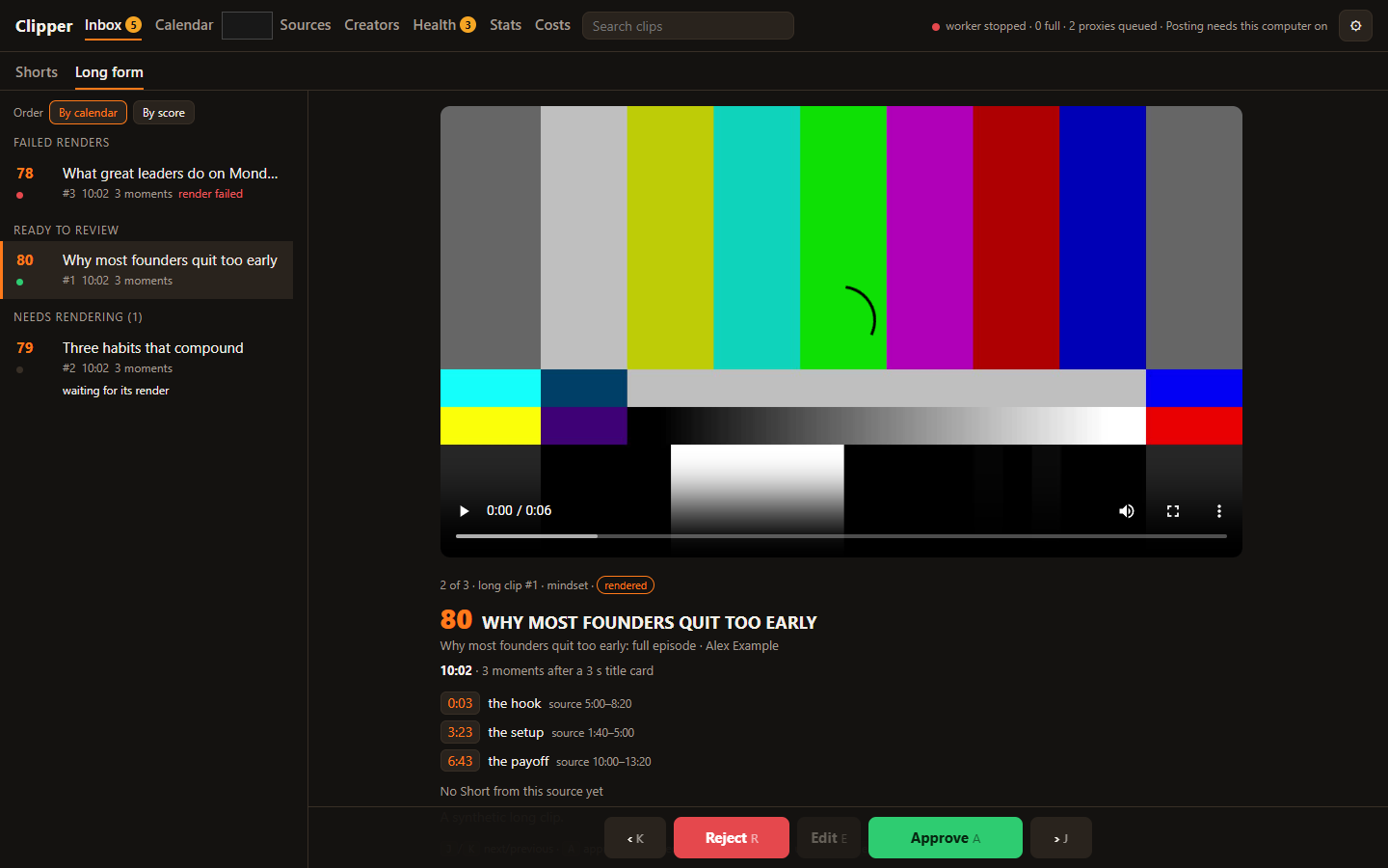 The Inbox's Long form tab with a test clip: three moments after a title card, each with its source range. The clip and creator are the builder's test data.