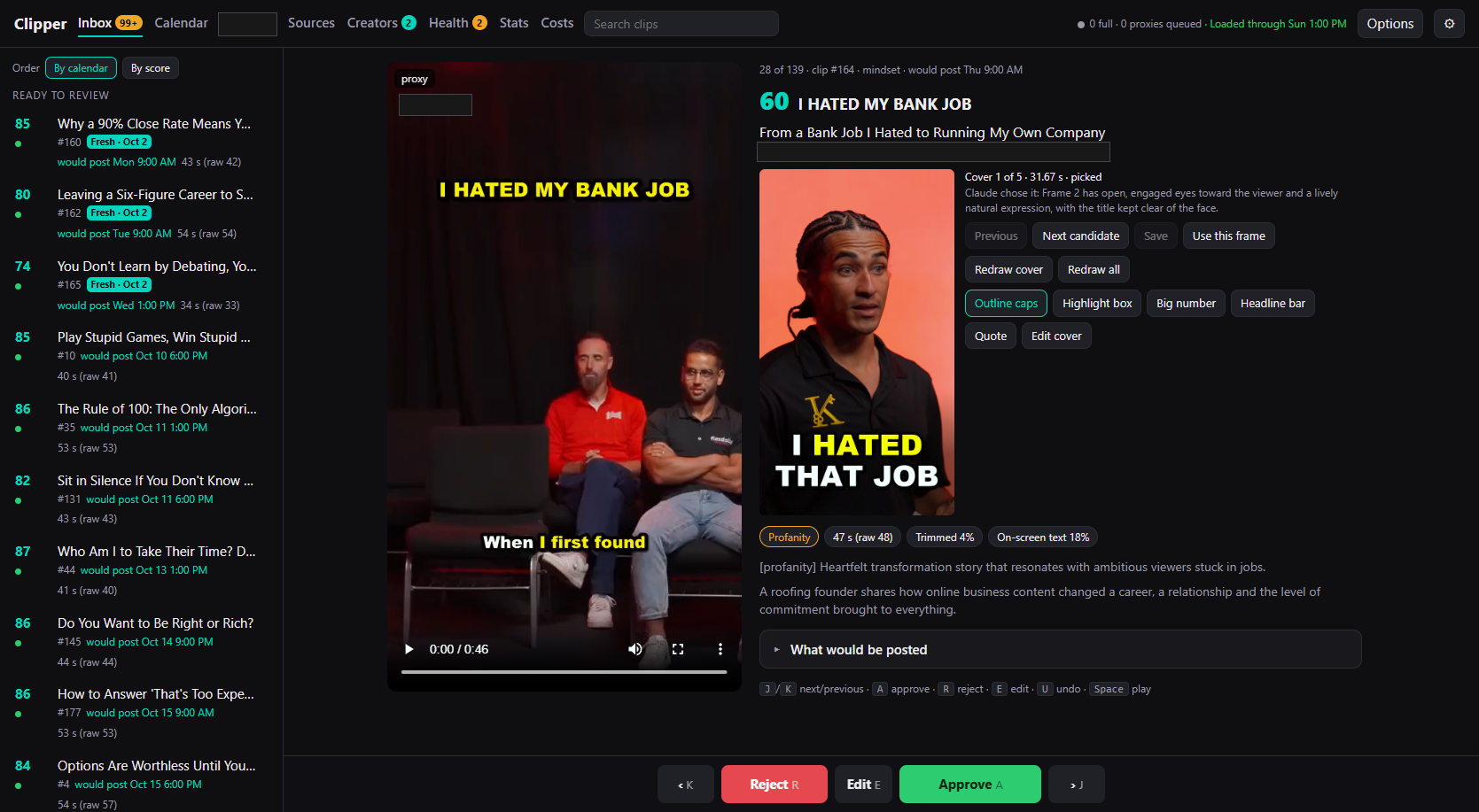 The Inbox: candidates on the left, the preview render in the middle, the clip's cover, badges, and summary on the right. Creator handles and the source episode title are blanked.