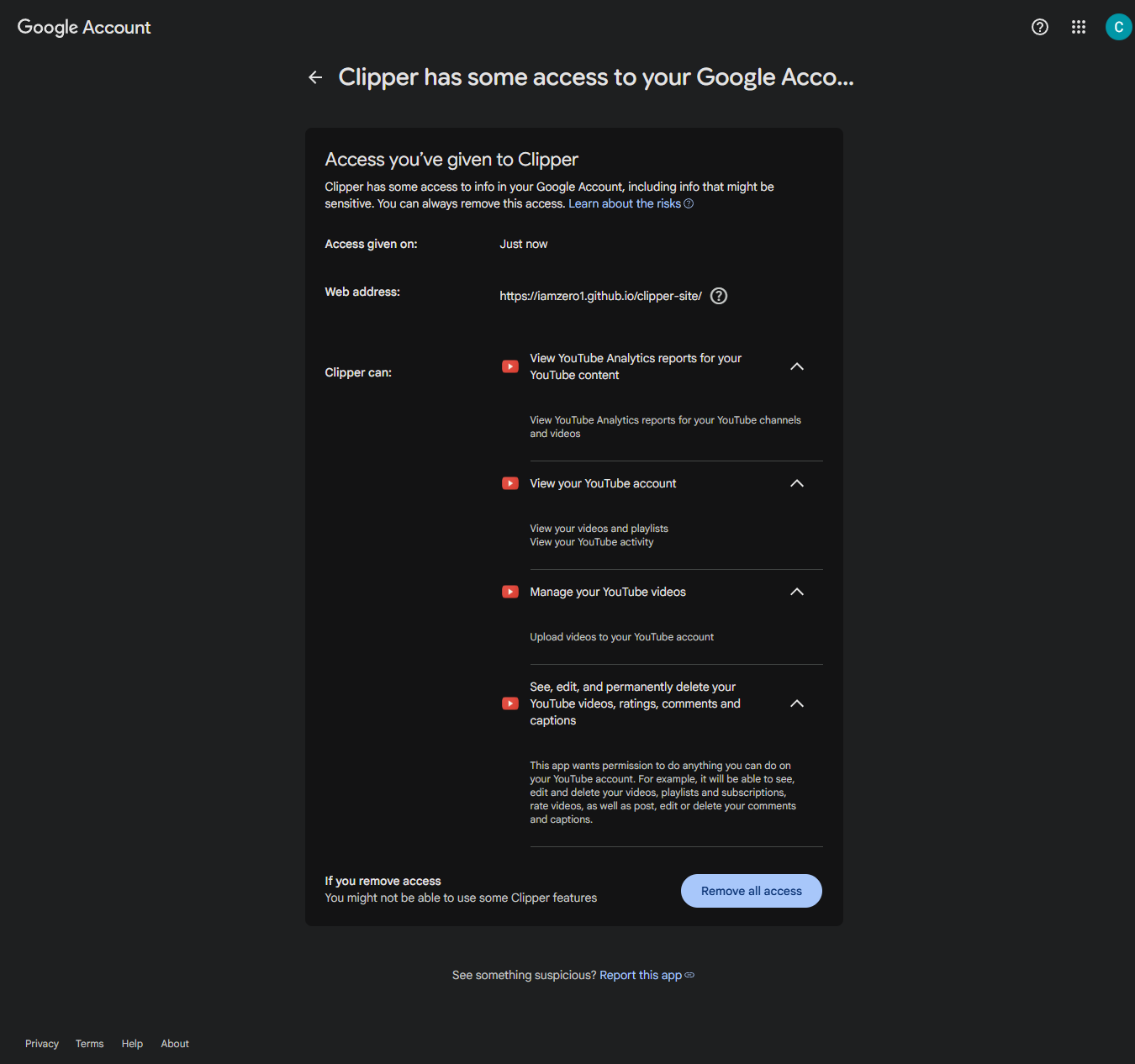 The Google Account page listing the access Clipper holds: analytics, account view, video management, and the full videos scope, with a Remove all access button.