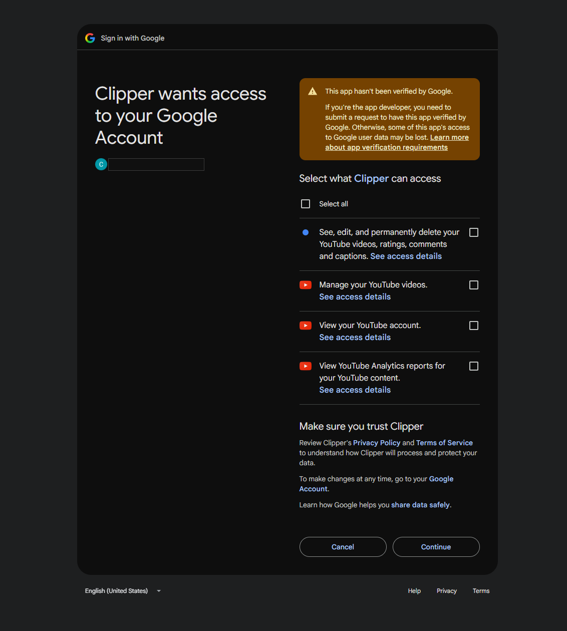 The Google consent screen for Clipper while the app was still unverified. The account email is blanked.