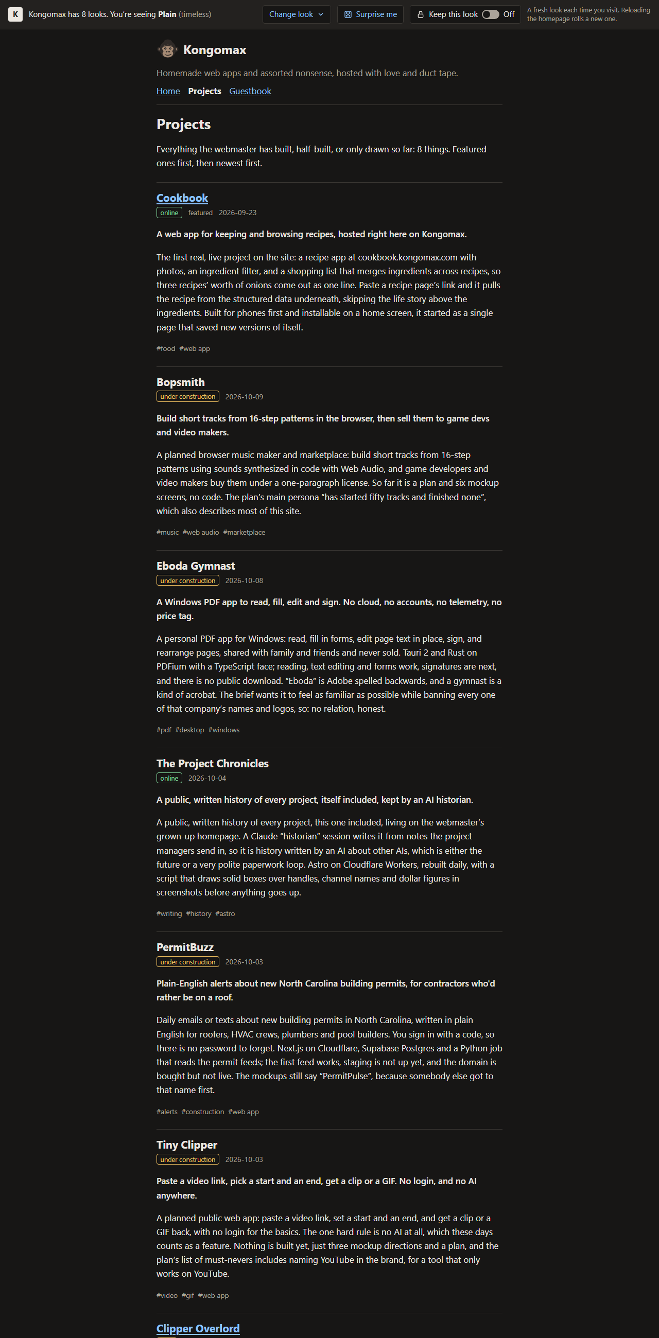 The live projects page in the Plain look after the merge: eight entries, featured first, each intro saying built, half-built, or only drawn so far.