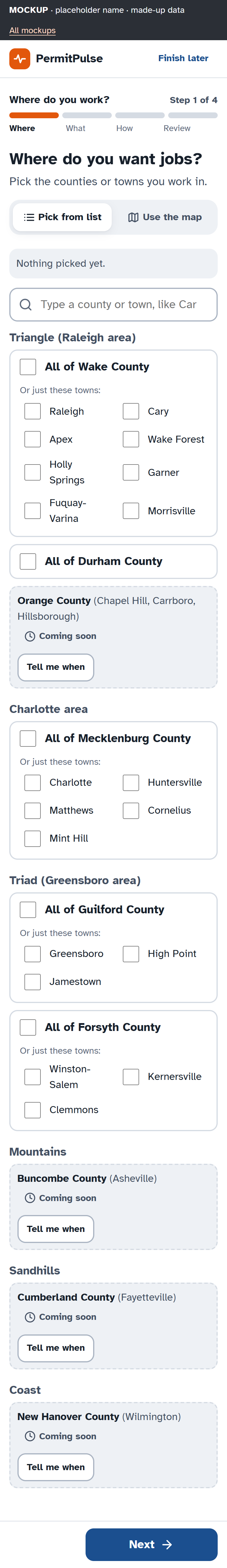 The alert builder mockup. The placeholder name and the data are made up; the product has no name yet.