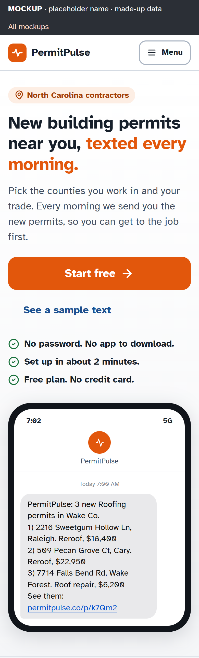 The landing page mockup, top half: a one-line promise, a Start free button, three reassurances, and a phone showing the sample morning text. Name and data are placeholders.