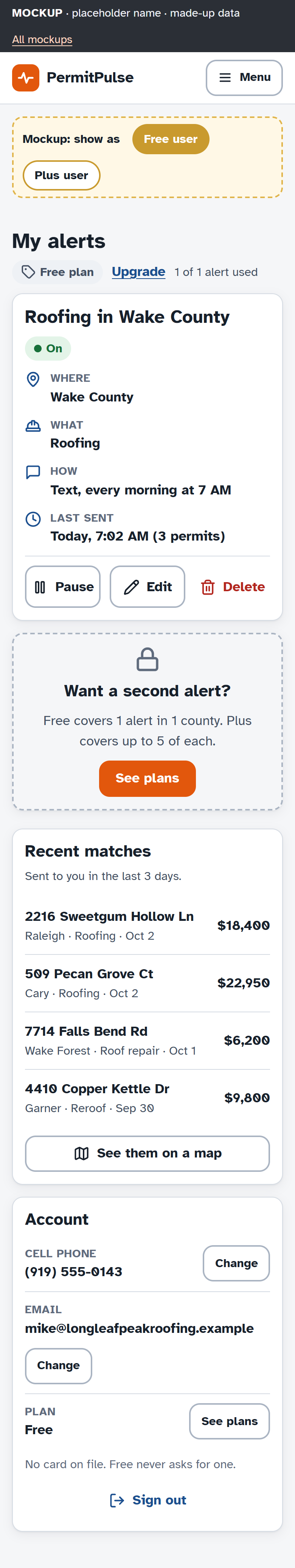 The My Alerts mockup, with made-up alerts and a placeholder brand.